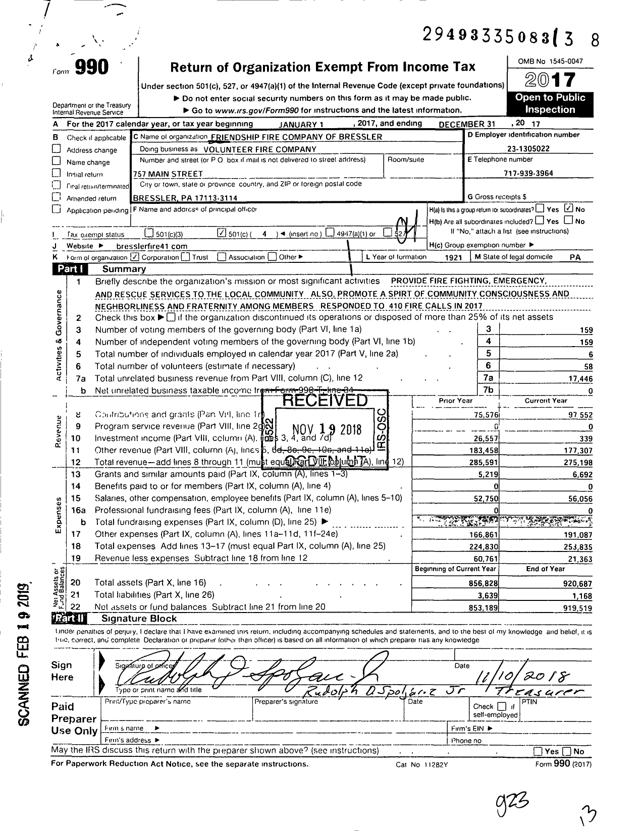 Image of first page of 2017 Form 990O for Friendship Fire Company of Bressler