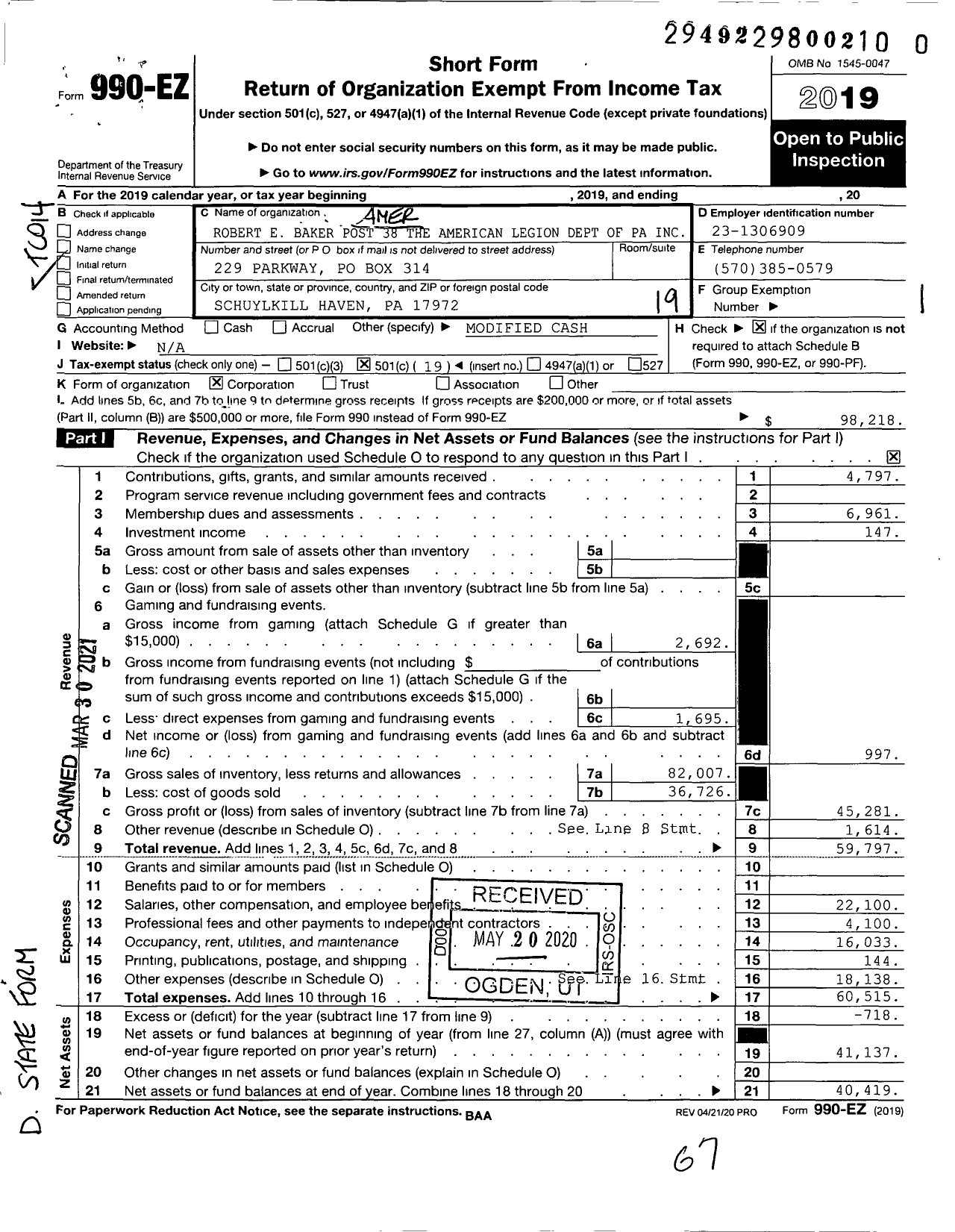 Image of first page of 2019 Form 990EO for Robert E Baker Post 38 the American Legion Dept of Pa