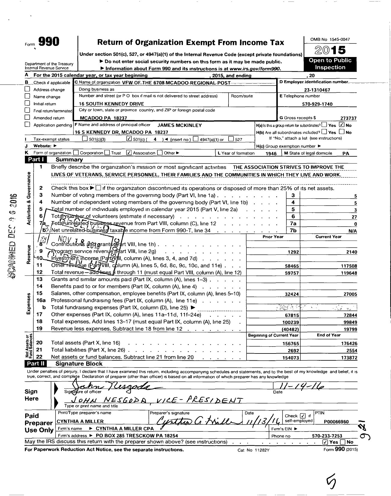 Image of first page of 2015 Form 990O for Veterans of Foreign Wars Home Association