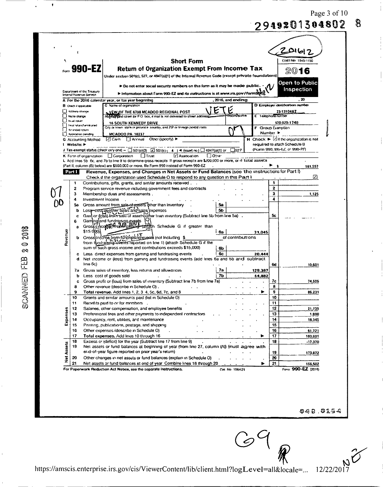 Image of first page of 2016 Form 990EO for Veterans of Foreign Wars Home Association