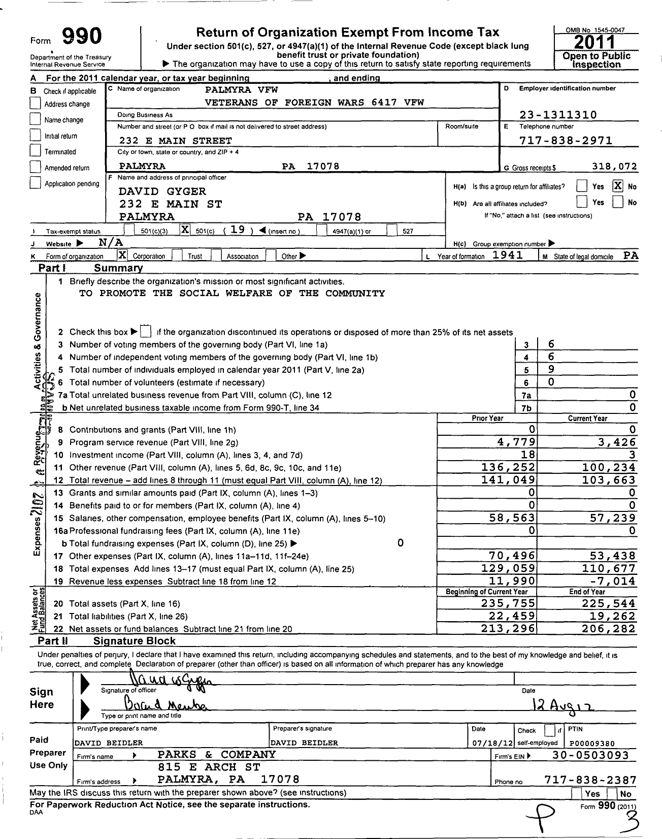 Image of first page of 2011 Form 990O for VFW Department of Pennsylvania - 6417 Vfw-Penn