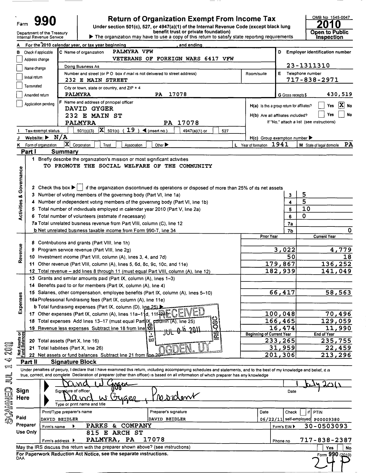 Image of first page of 2010 Form 990O for VFW Department of Pennsylvania - 6417 Vfw-Penn