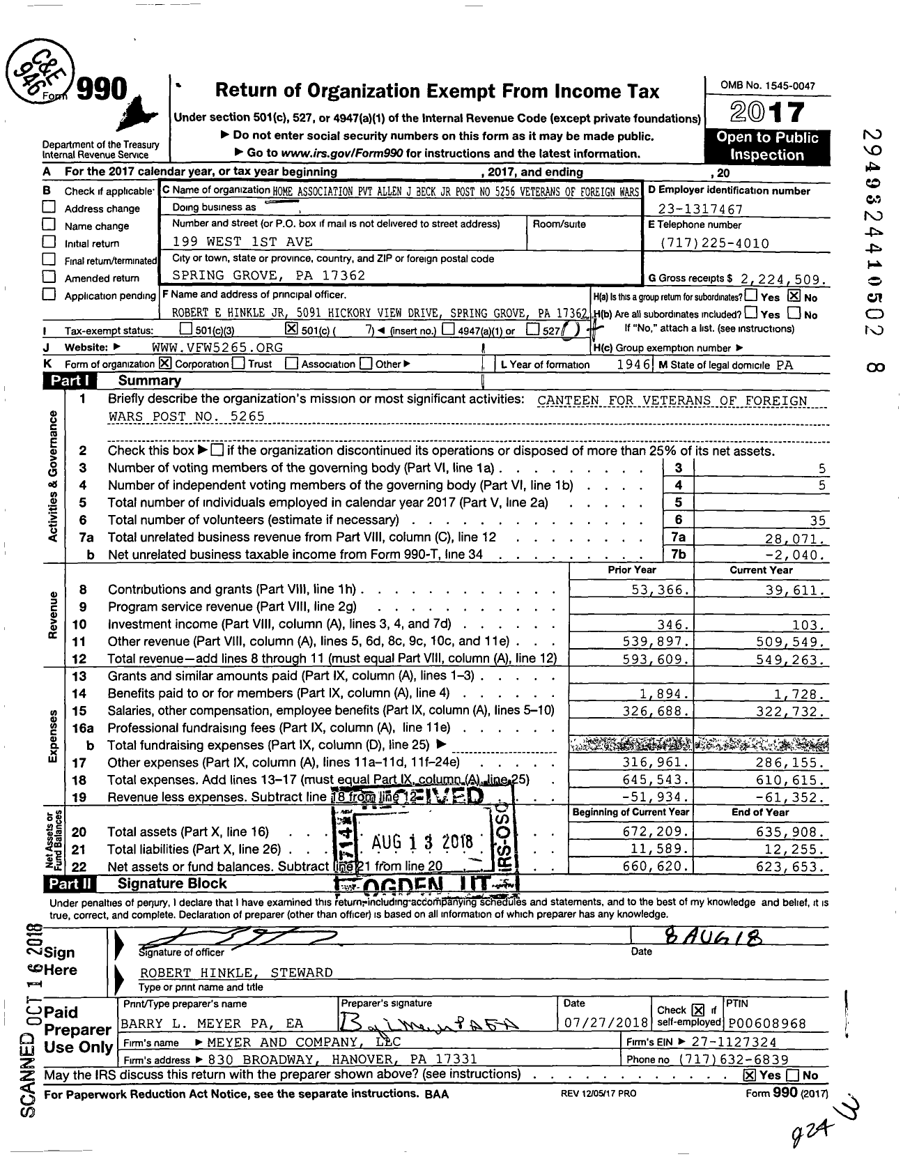 Image of first page of 2017 Form 990O for Home Association PVT Allen J Beck JR Post No 5256 Veterans of Foreign Wars