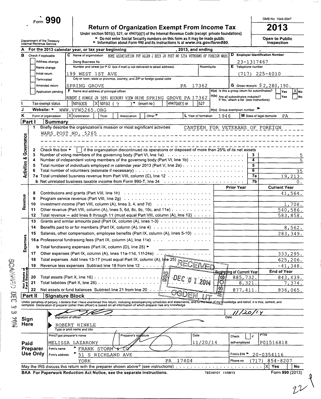 Image of first page of 2013 Form 990O for Home Association PVT Allen J Beck JR Post No 5256 Veterans of Foreign Wars