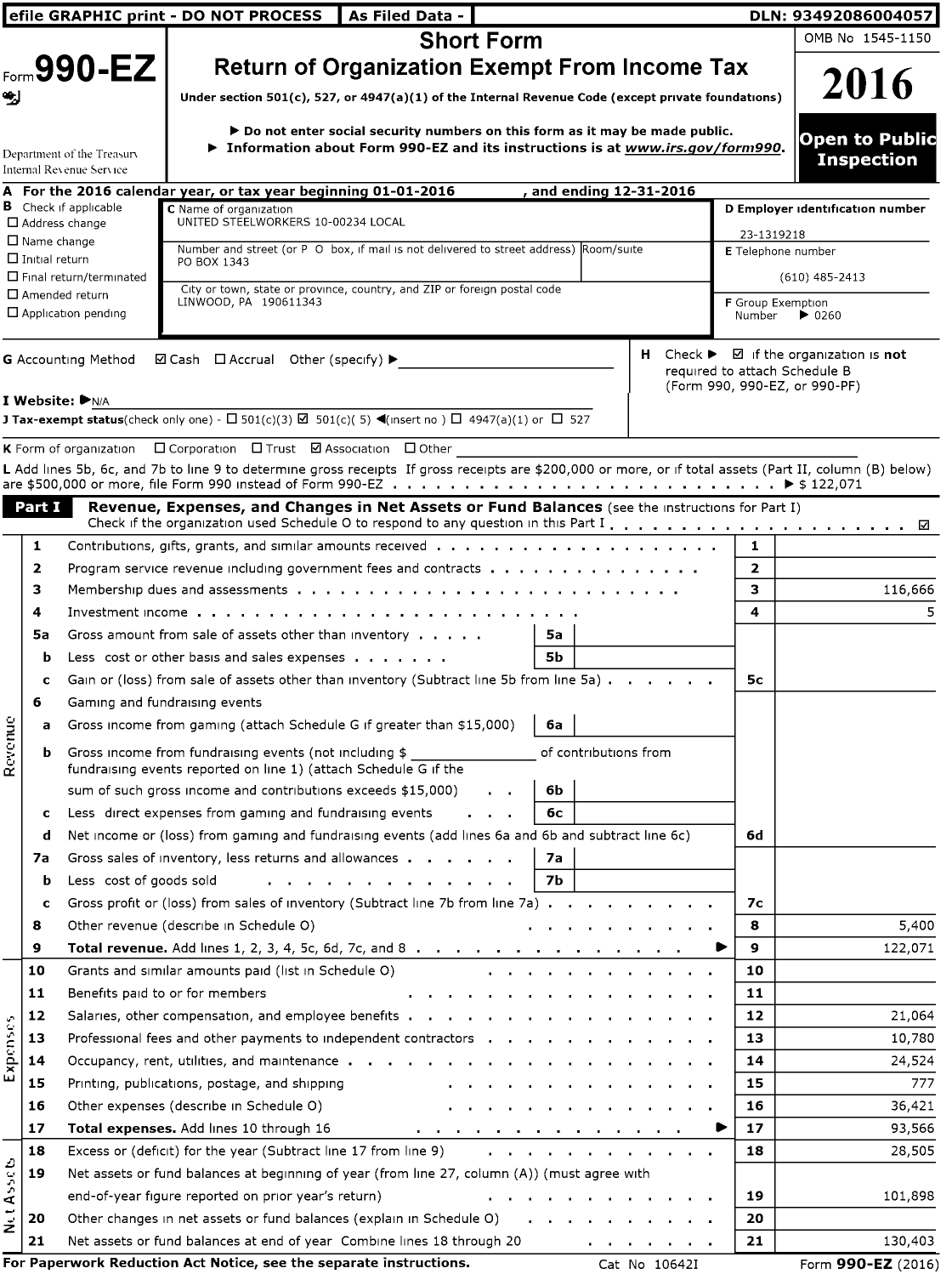 Image of first page of 2016 Form 990EO for United Steelworkers 10-00234 Local