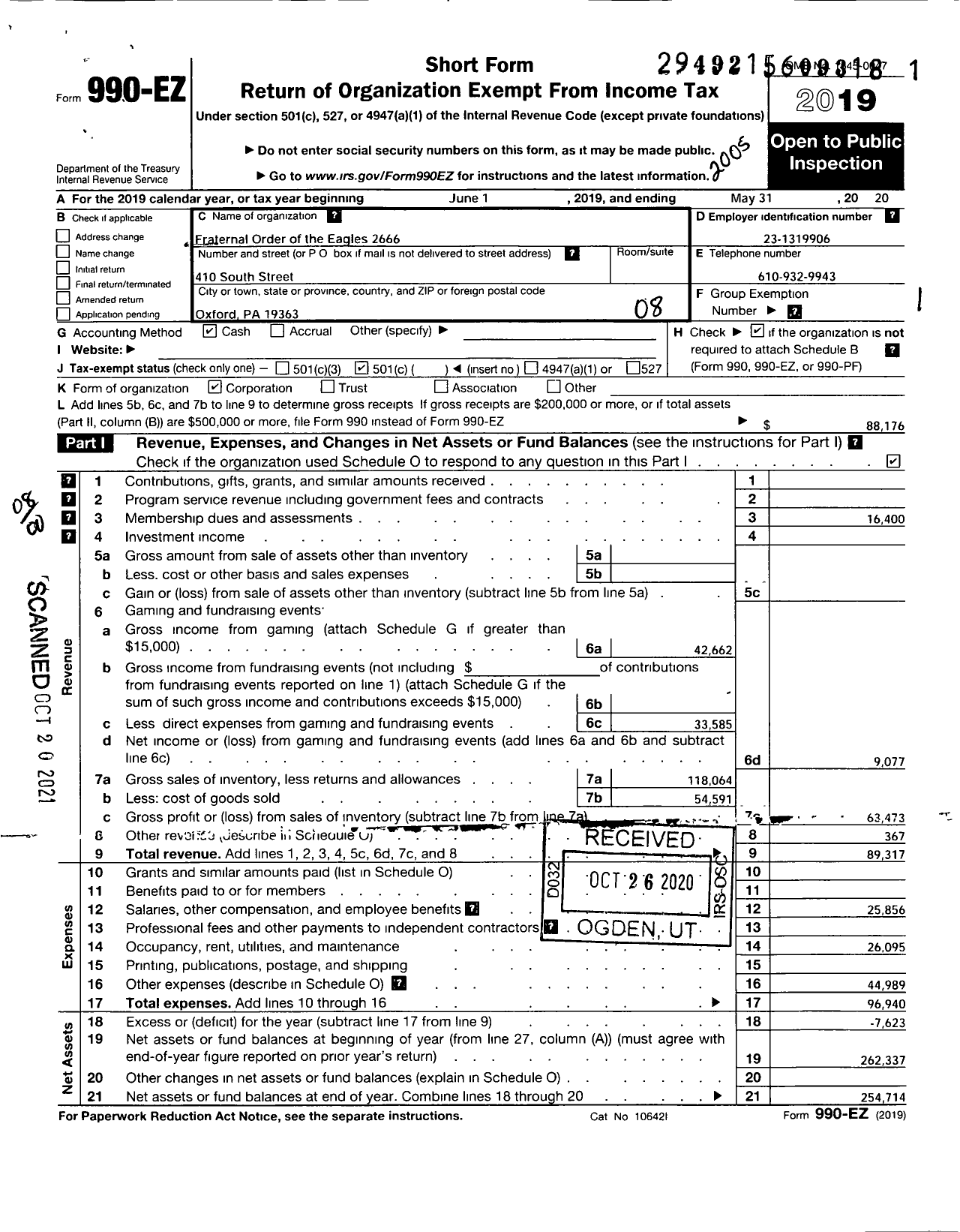 Image of first page of 2019 Form 990EO for Fraternal Order of Eagles - 2666 Aerie