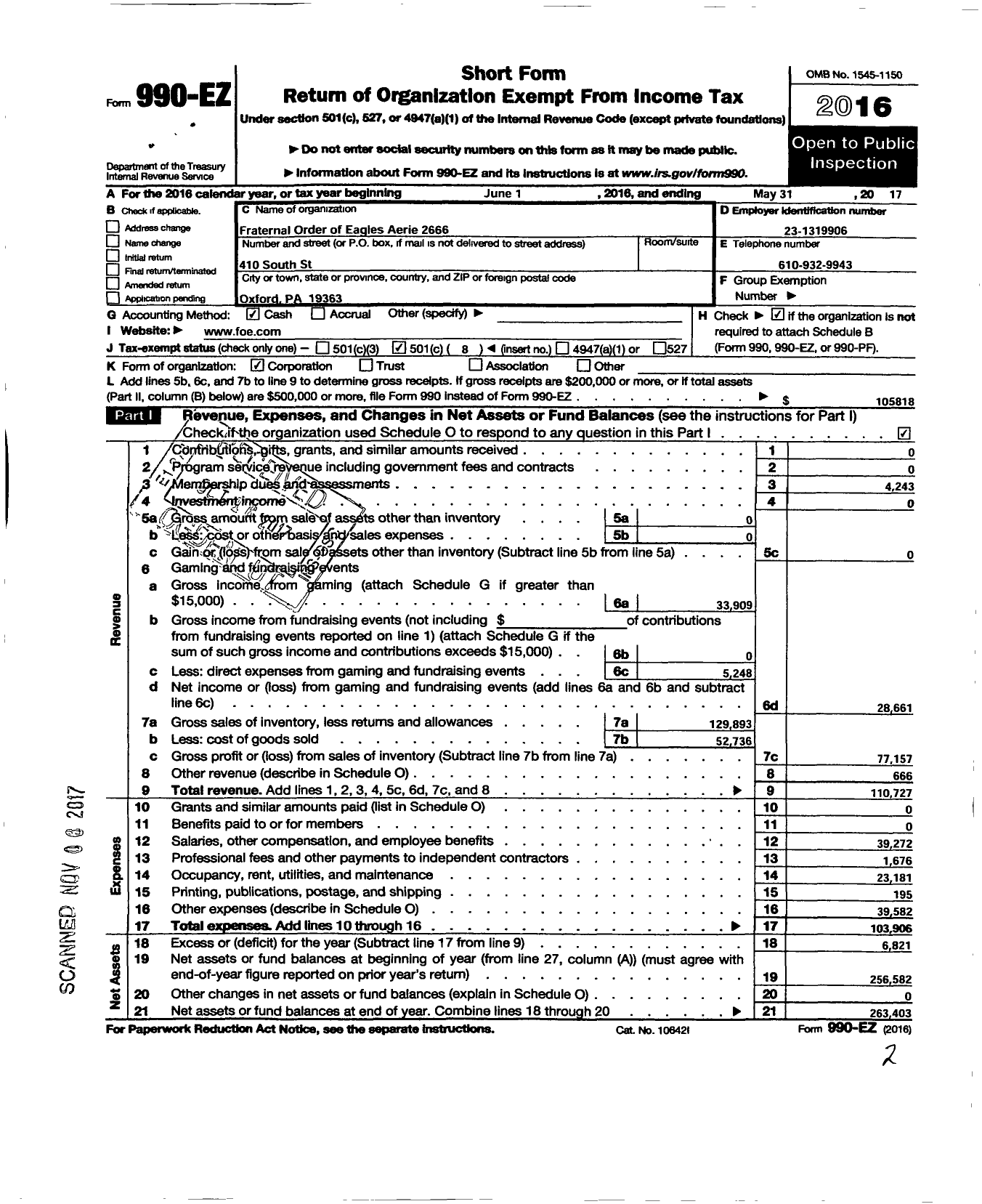 Image of first page of 2016 Form 990EO for Fraternal Order of Eagles - 2666 Aerie