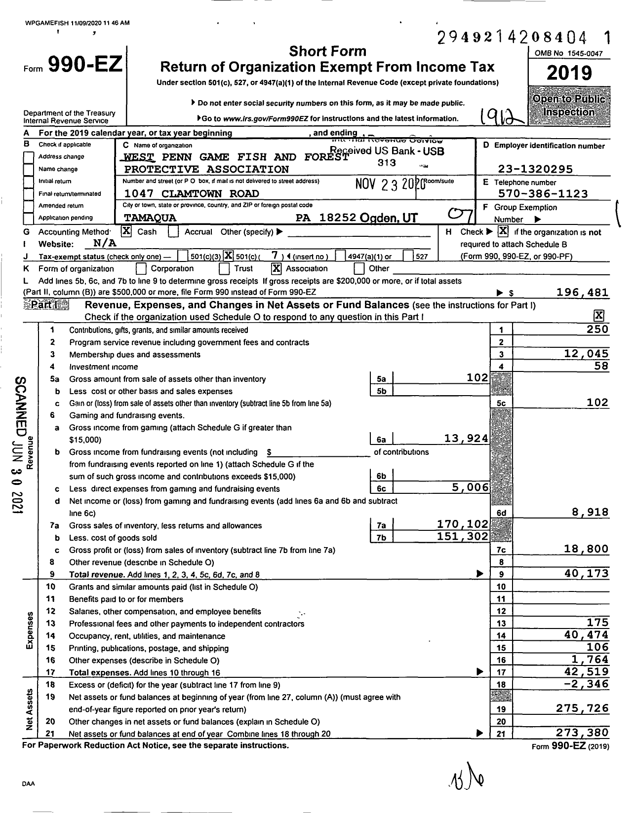 Image of first page of 2019 Form 990EO for West Penn Game Fish and Forest Protective Association