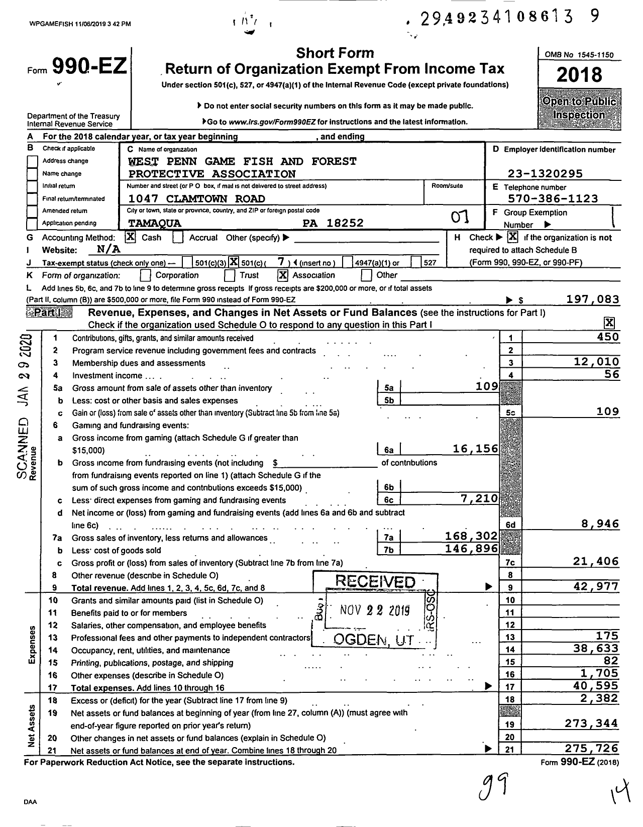 Image of first page of 2018 Form 990EO for West Penn Game Fish and Forest Protective Association