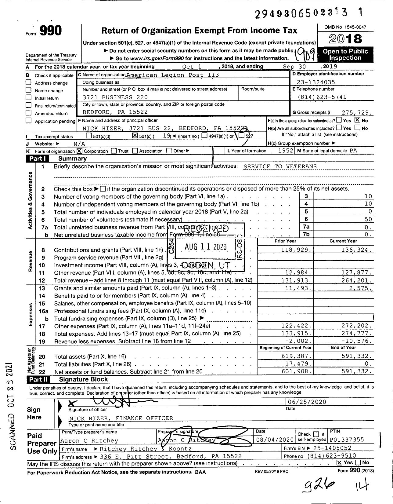 Image of first page of 2018 Form 990O for American Legion - 113 Bedford Post