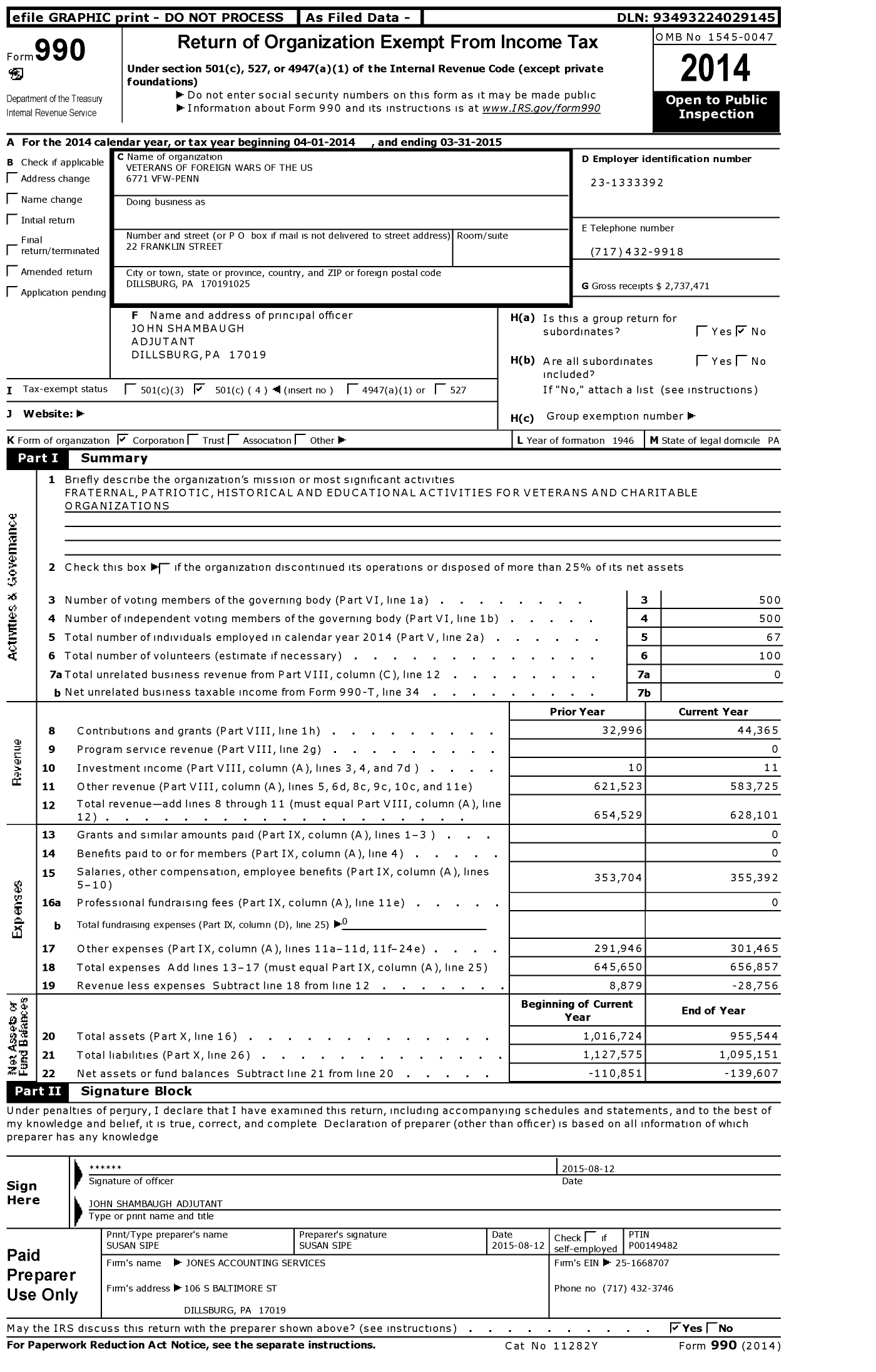 Image of first page of 2014 Form 990O for VFW Department of Pennsylvania - 6771 Vfw-Penn