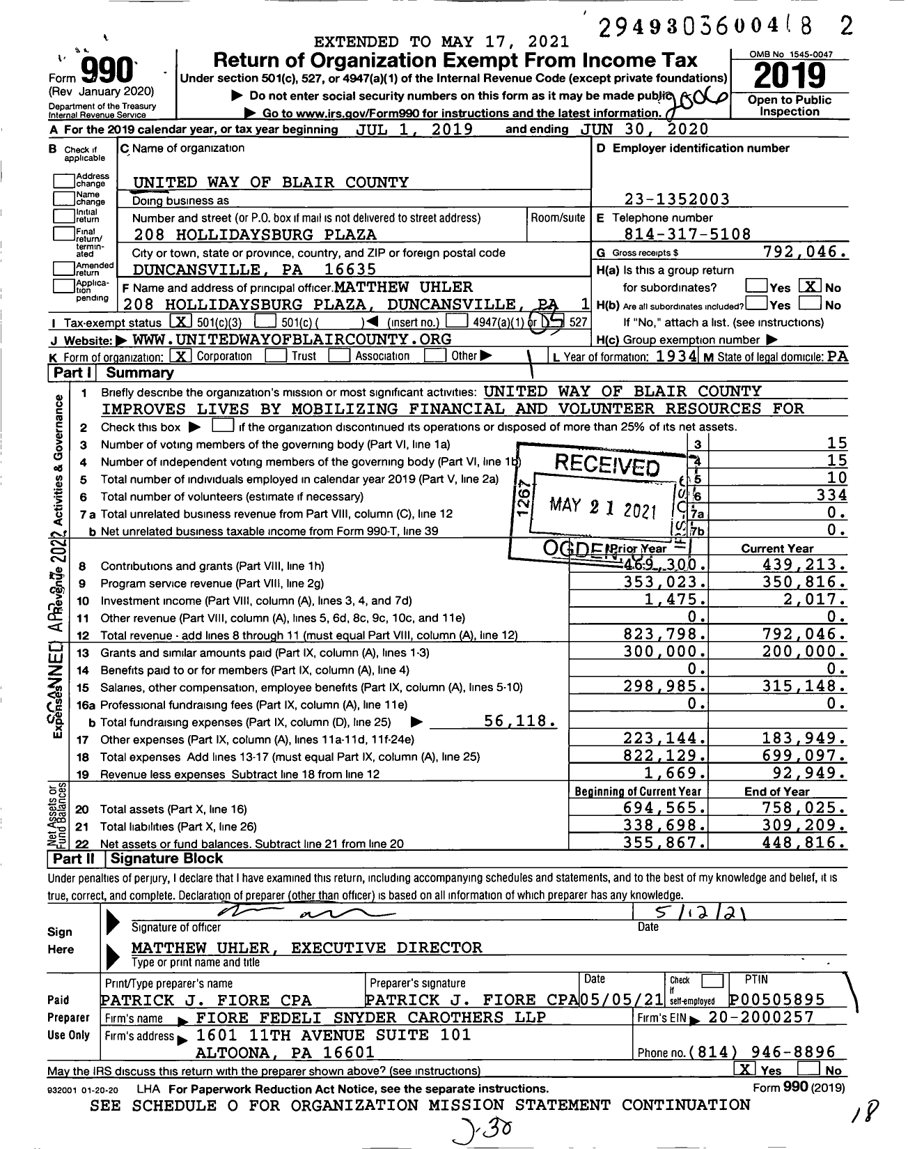 Image of first page of 2019 Form 990 for United Way of Blair County