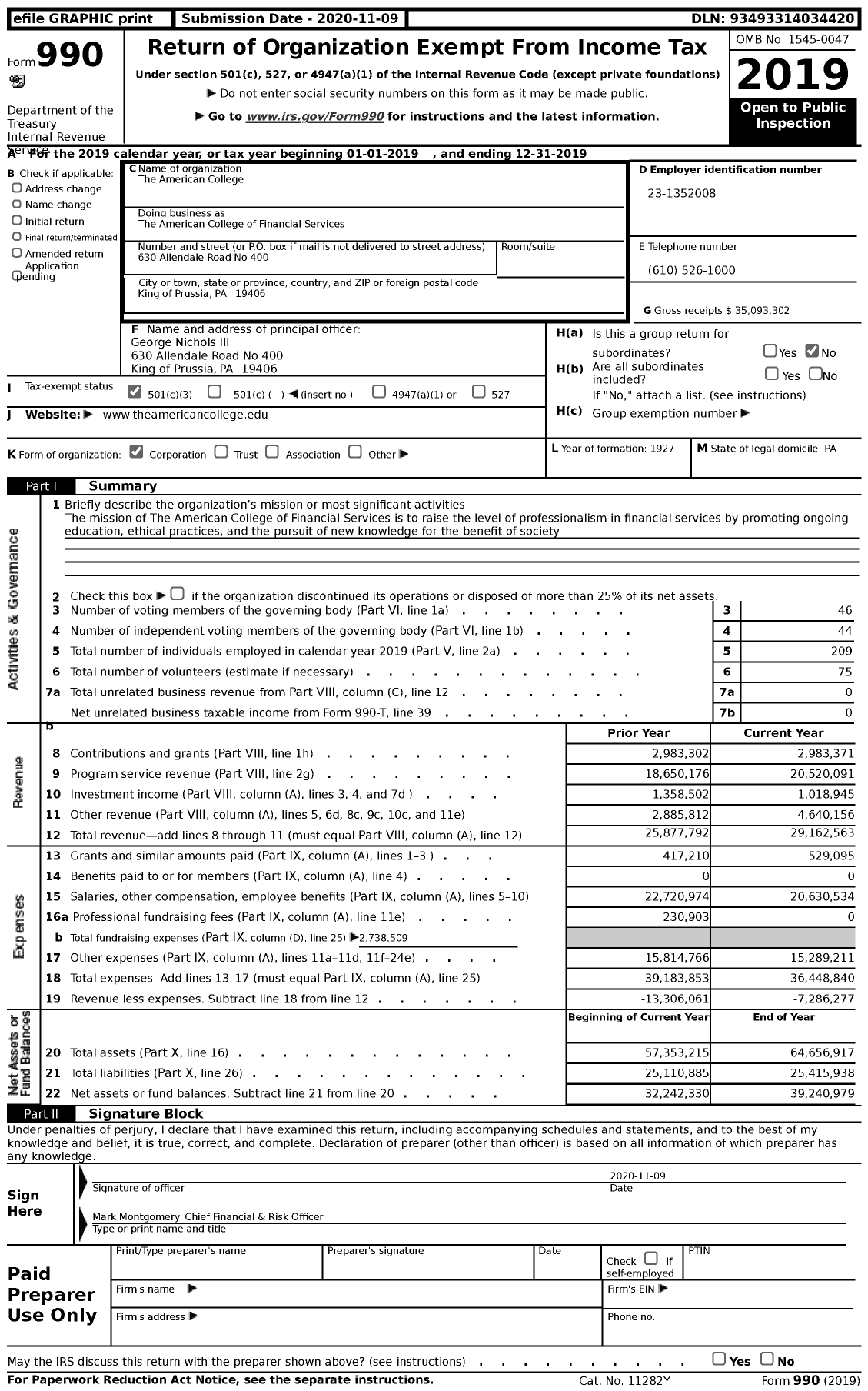 Image of first page of 2019 Form 990 for The American College of Financial Se