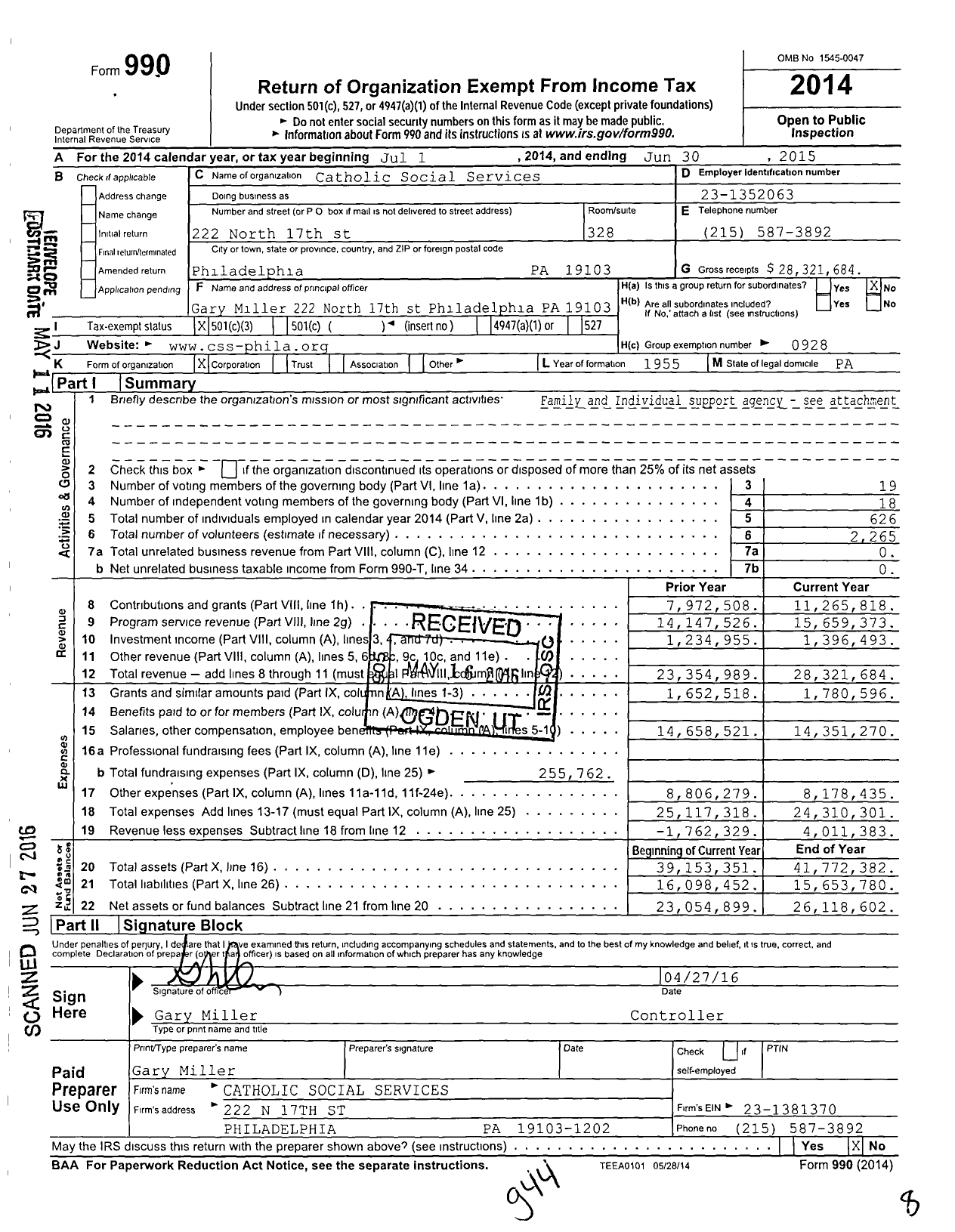 Image of first page of 2014 Form 990 for Catholic Social Services (CSS)