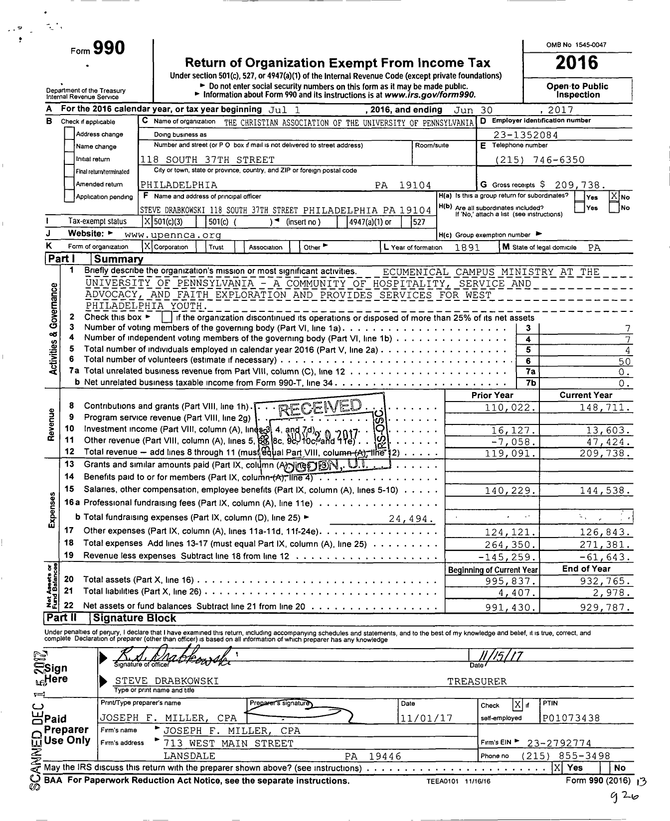 Image of first page of 2016 Form 990 for The Christian Association of the University of Pennsylvania