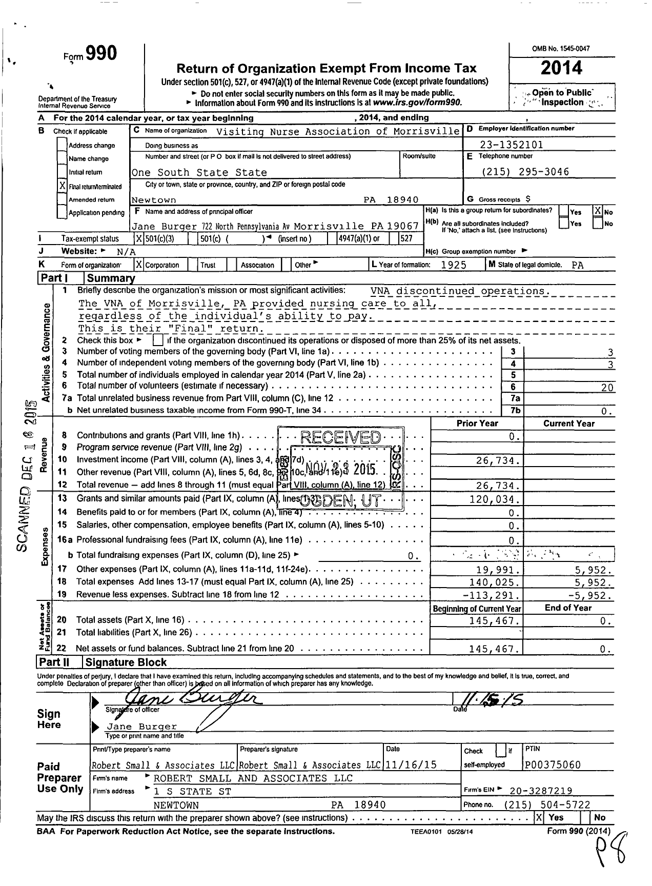 Image of first page of 2014 Form 990 for Visiting Nurse Association of Morrisville