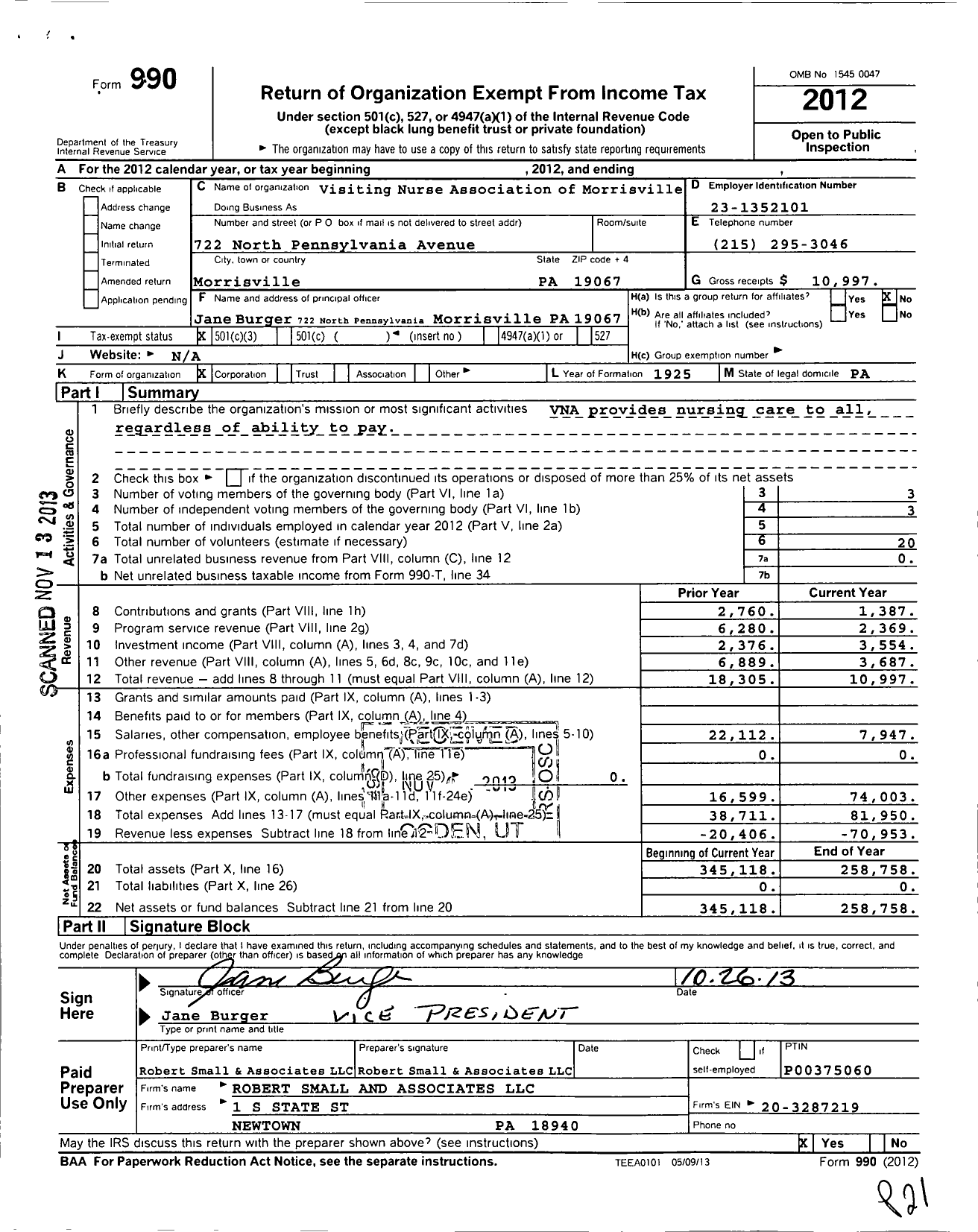 Image of first page of 2012 Form 990 for Visiting Nurse Association of Morrisville