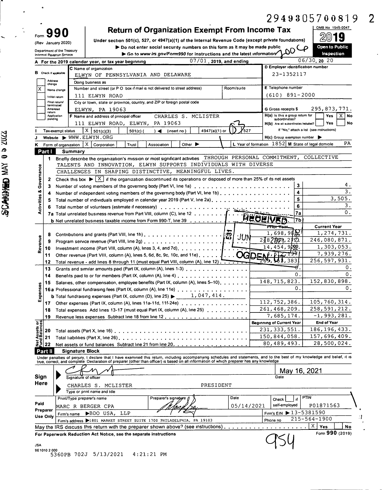 Image of first page of 2019 Form 990 for Elwyn of Pennsylvania and Delaware