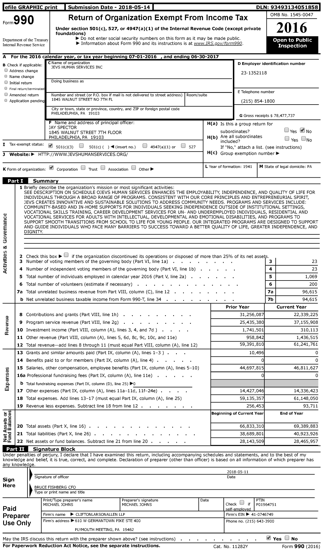 Image of first page of 2016 Form 990 for Jevs Human Services