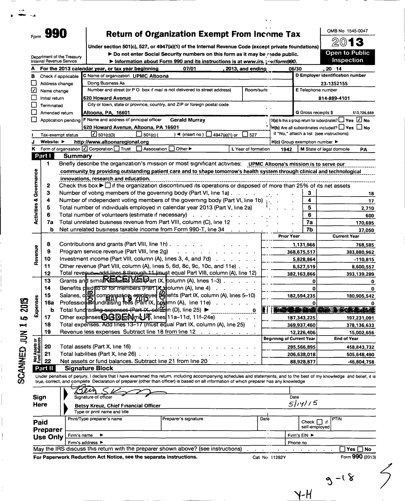 Image of first page of 2013 Form 990 for UPMC Altoona