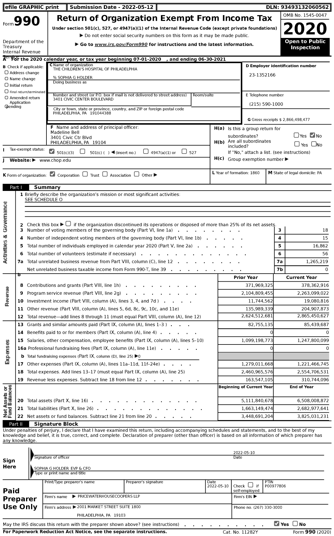 Image of first page of 2020 Form 990 for The Children's Hospital of Philadelphia (CHOP)