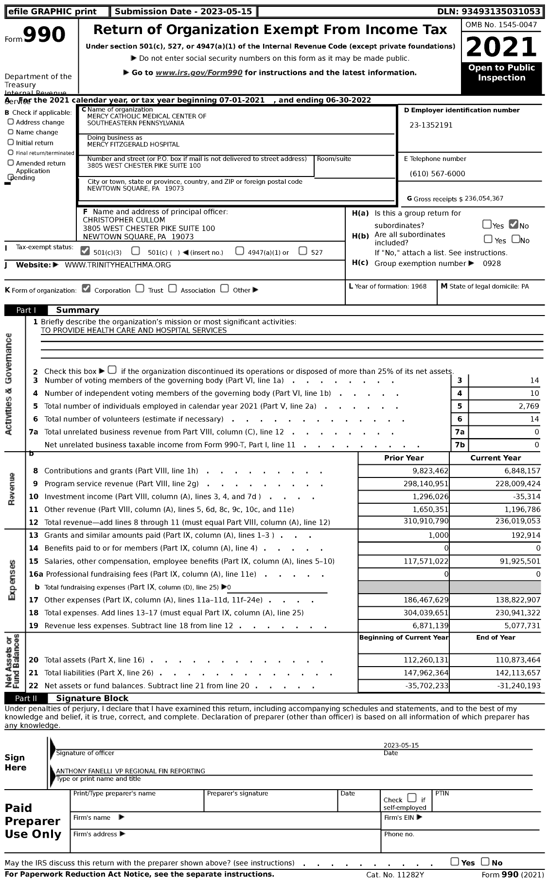 Image of first page of 2021 Form 990 for Mercy Fitzgerald Hospital