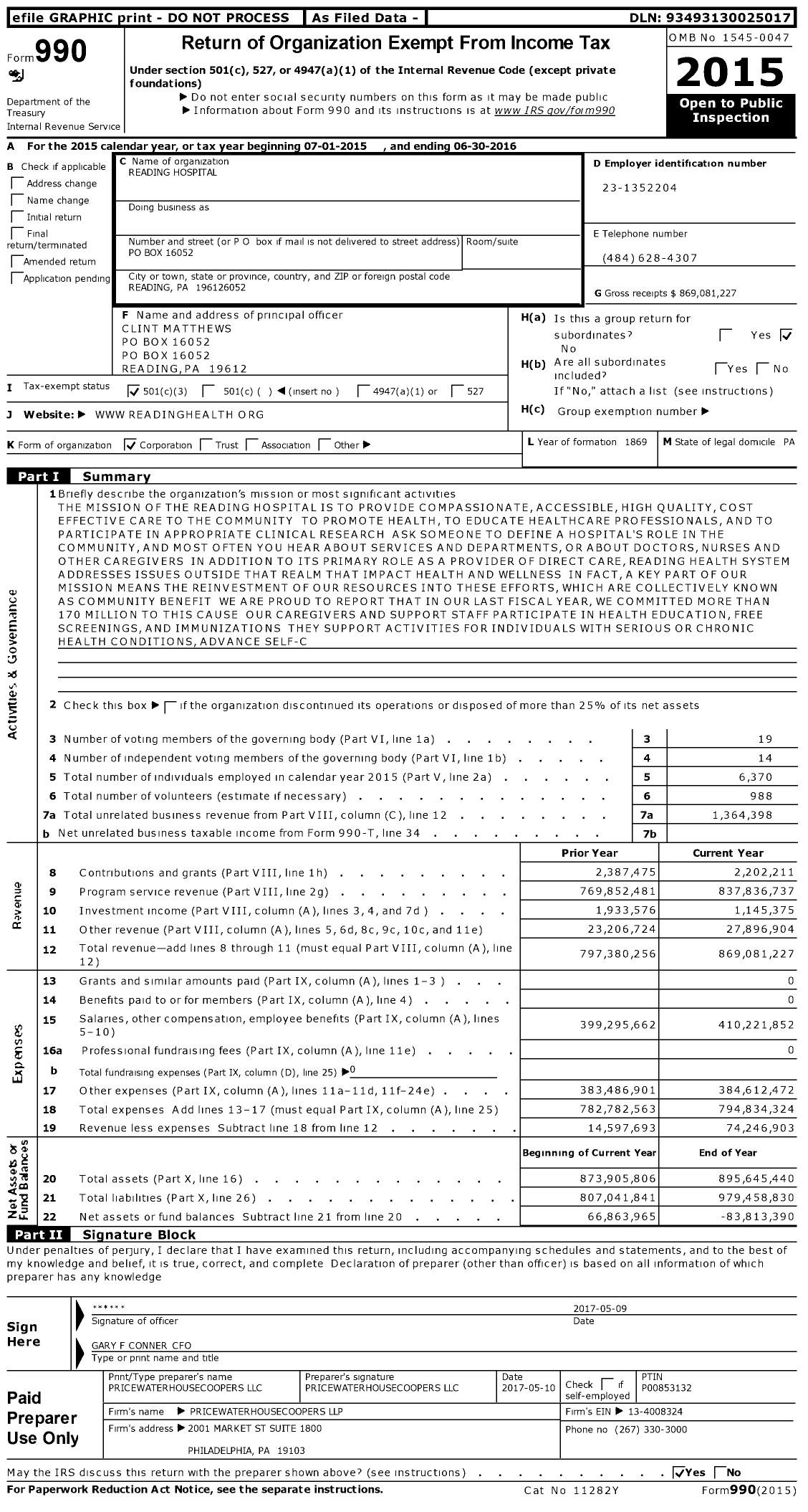 Image of first page of 2015 Form 990 for Reading Health System