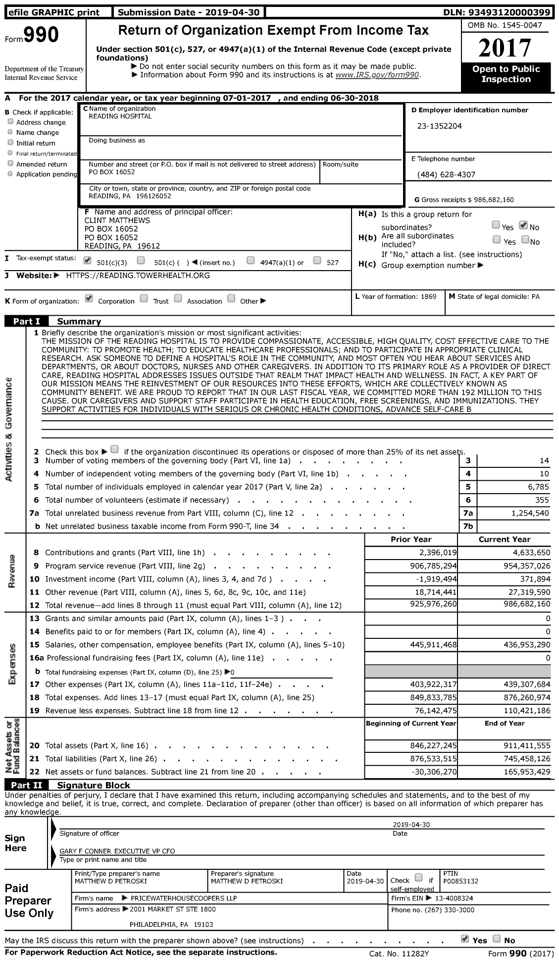 Image of first page of 2017 Form 990 for Reading Health System