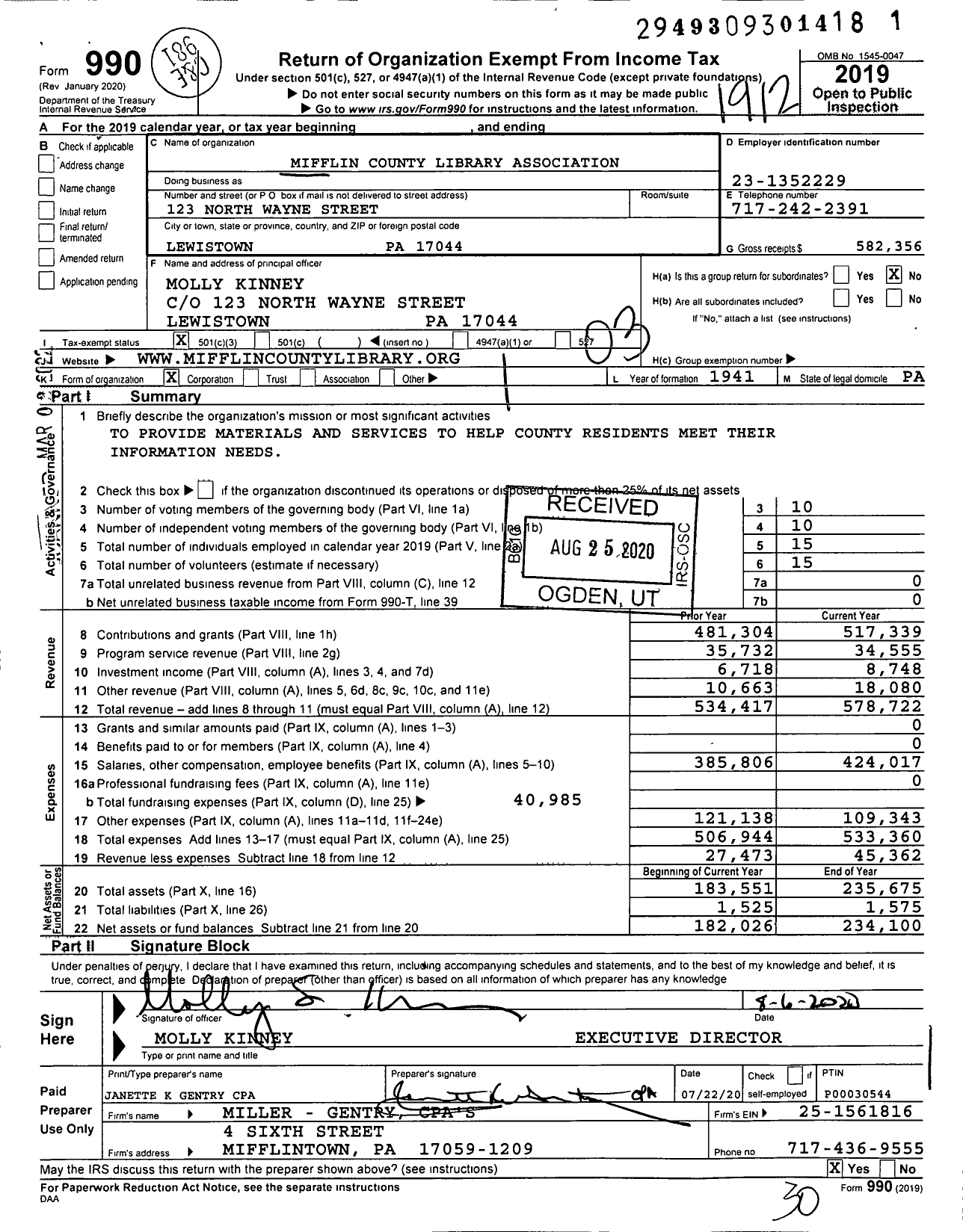 Image of first page of 2019 Form 990 for Mifflin County Library Association