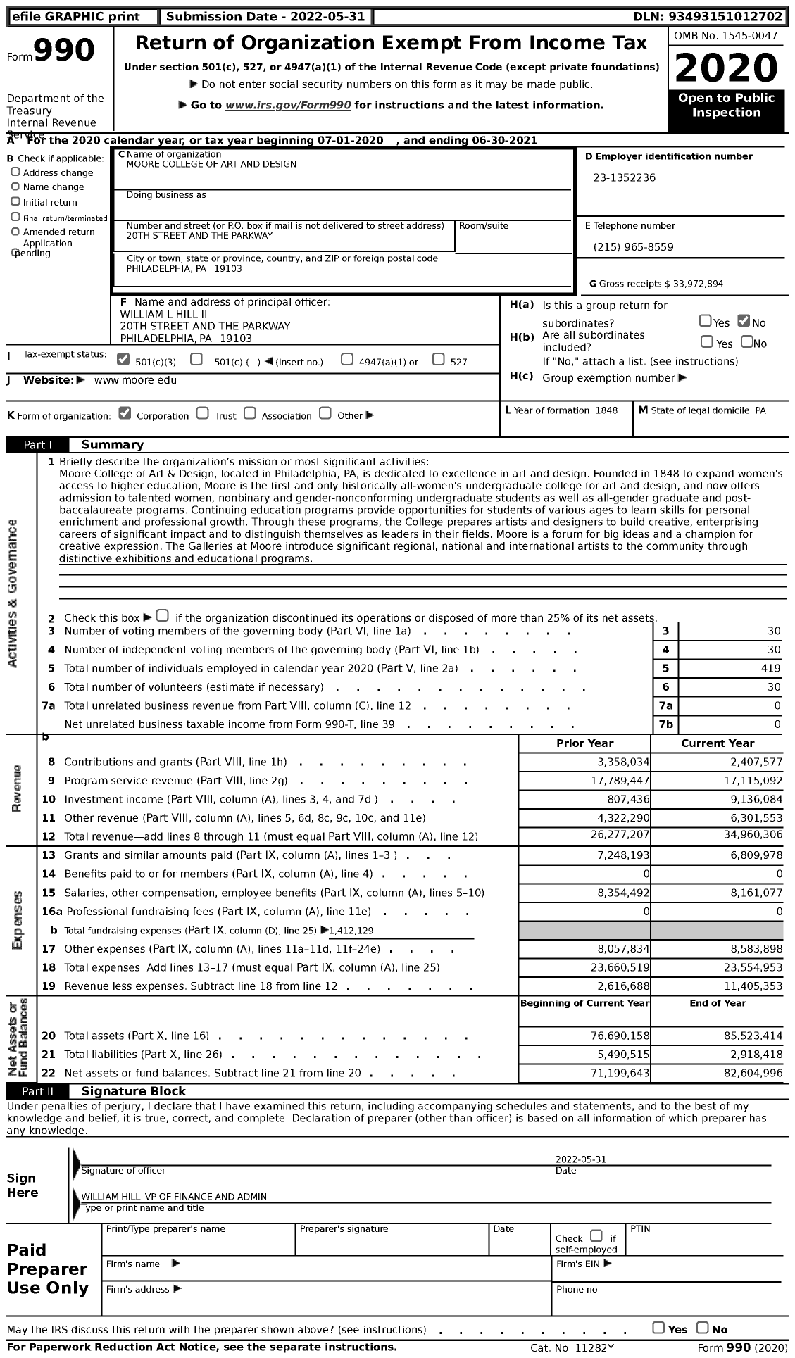 Image of first page of 2020 Form 990 for Moore College of Art and Design