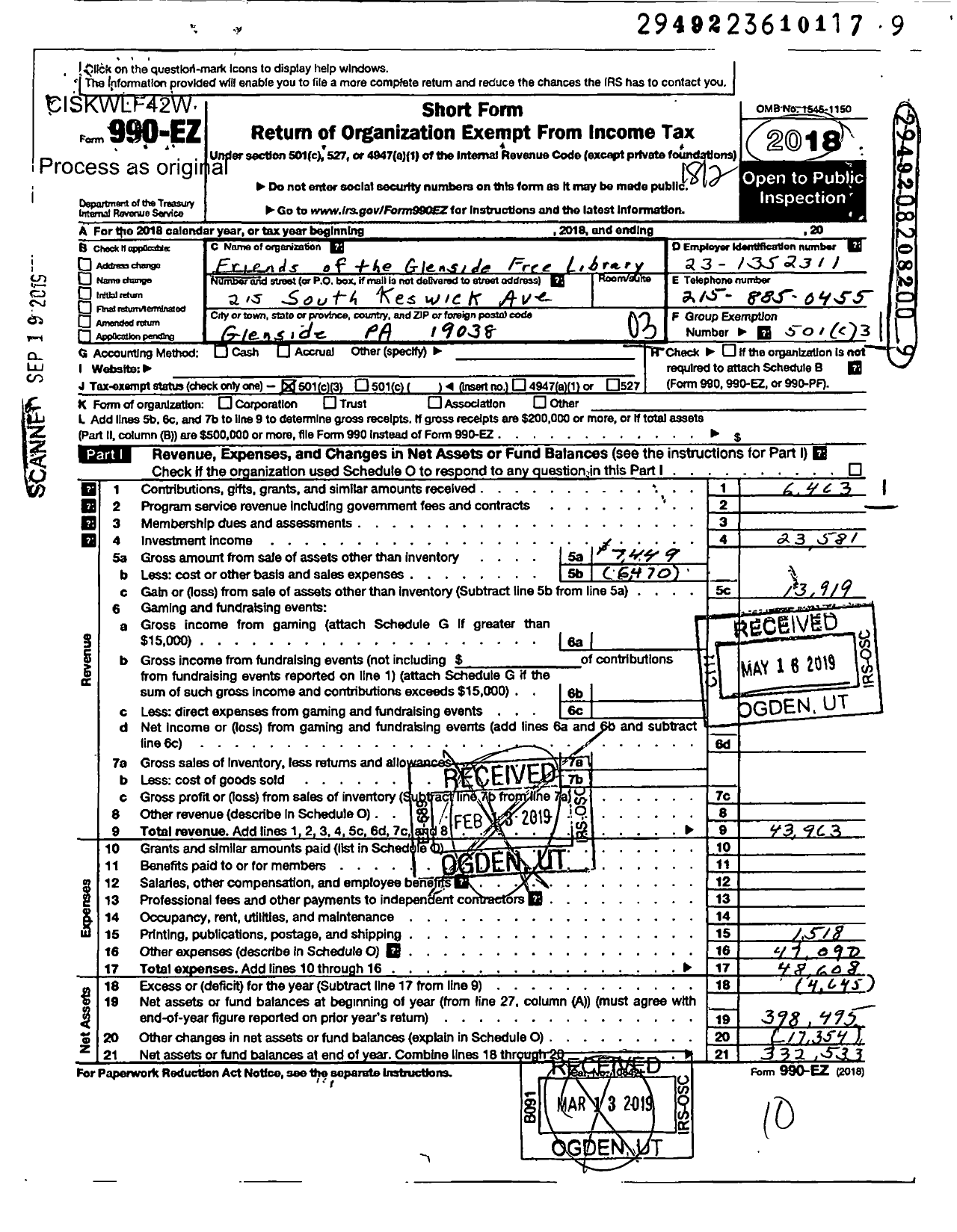 Image of first page of 2018 Form 990EZ for Friends of the Glenside Free Library