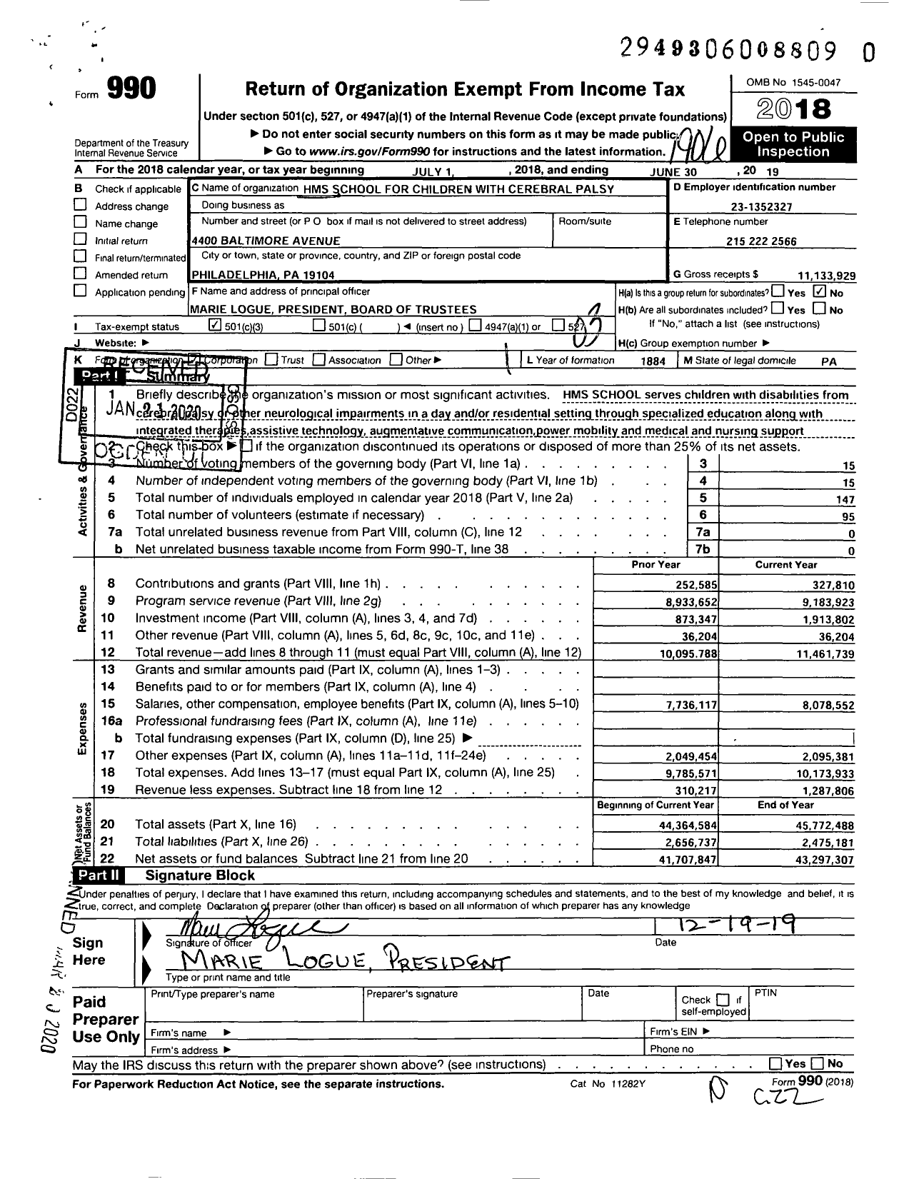 Image of first page of 2018 Form 990 for HMS School for Children with Cerebral Palsy