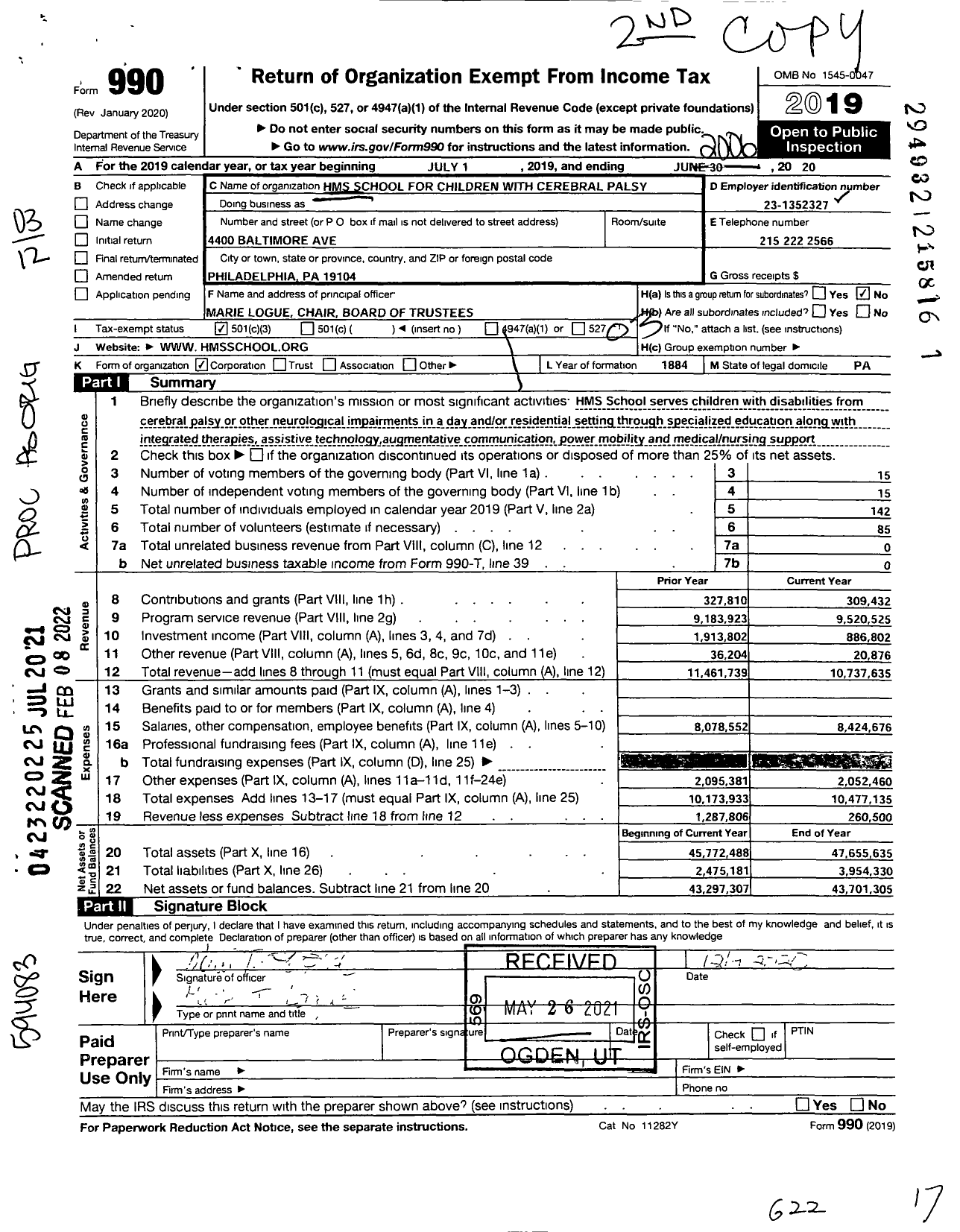 Image of first page of 2019 Form 990 for HMS School for Children with Cerebral Palsy