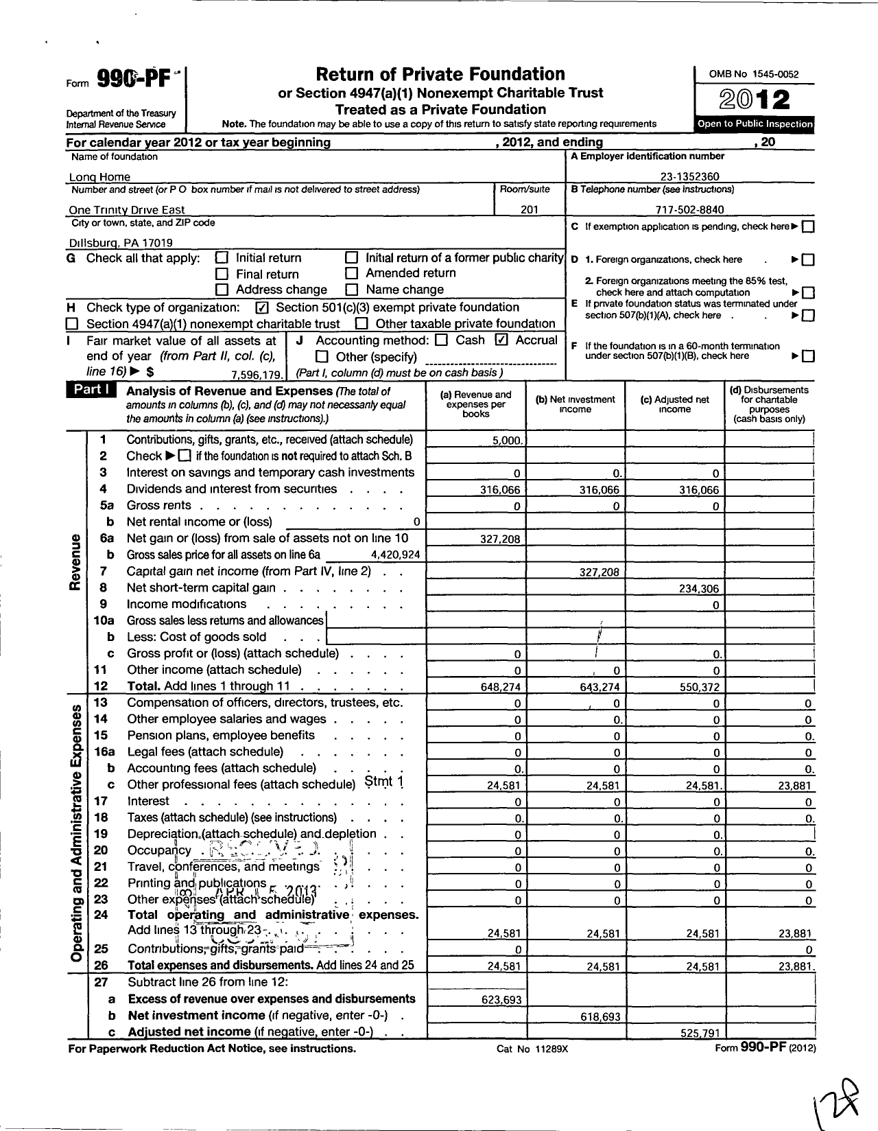 Image of first page of 2012 Form 990PF for Long Home