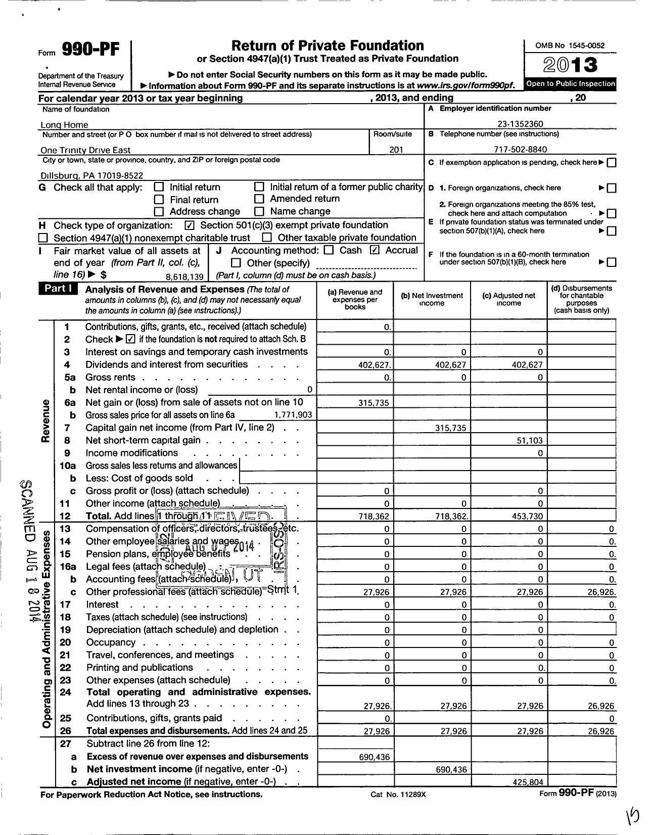 Image of first page of 2013 Form 990PF for Long Home