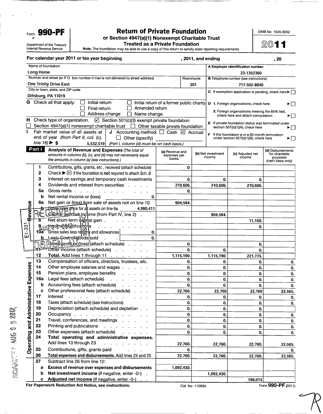 Image of first page of 2011 Form 990PF for Long Home