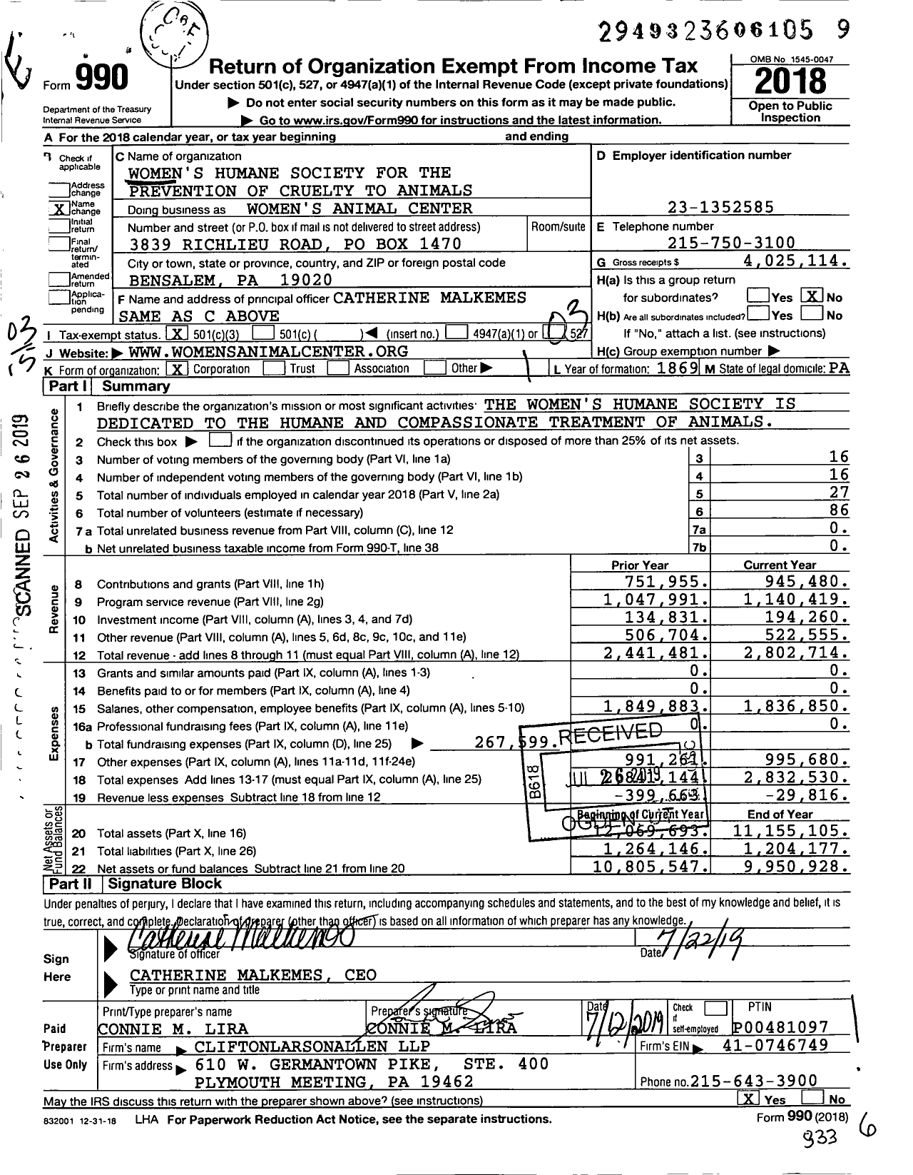 Image of first page of 2018 Form 990 for Women's Animal Center