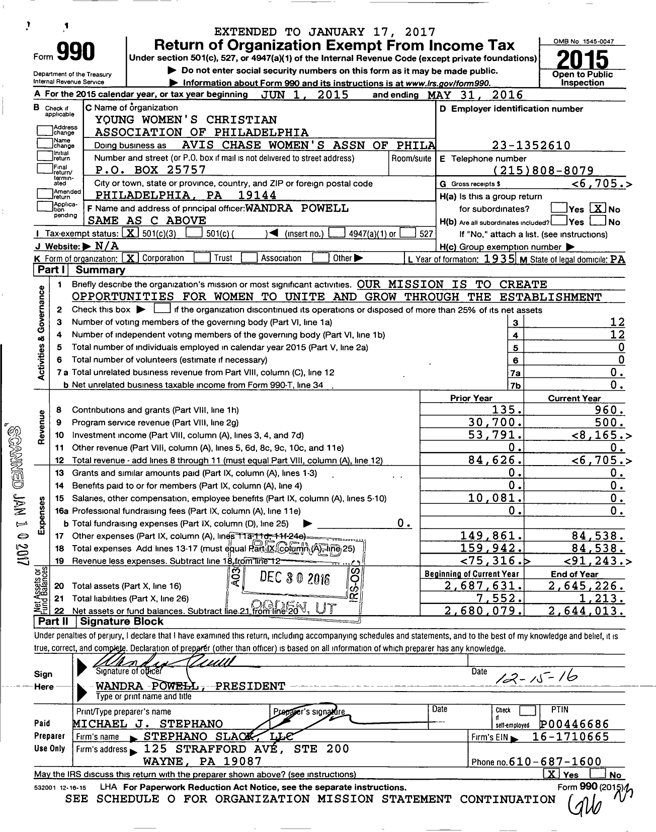 Image of first page of 2015 Form 990 for Avis Chase Women's Association of Philadelphia