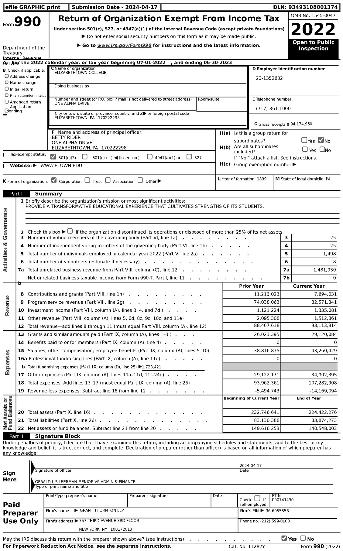 Image of first page of 2022 Form 990 for Elizabethtown College