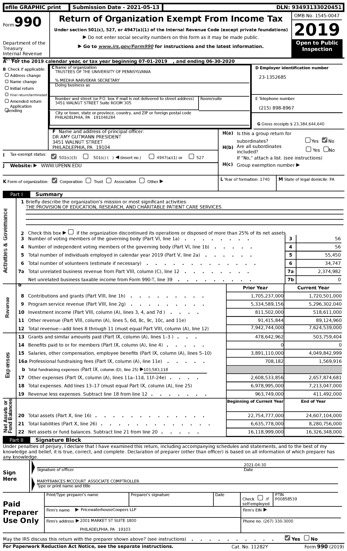 Image of first page of 2019 Form 990 for University of Pennsylvania (Penn)