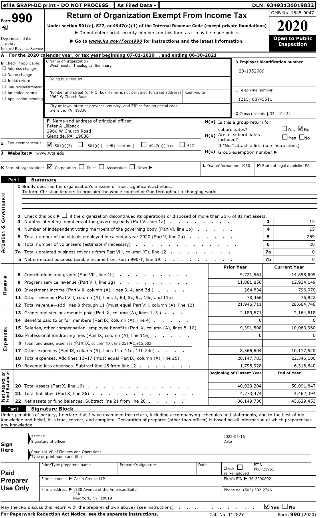 Image of first page of 2020 Form 990 for Westminster Theological Seminary (WTS)