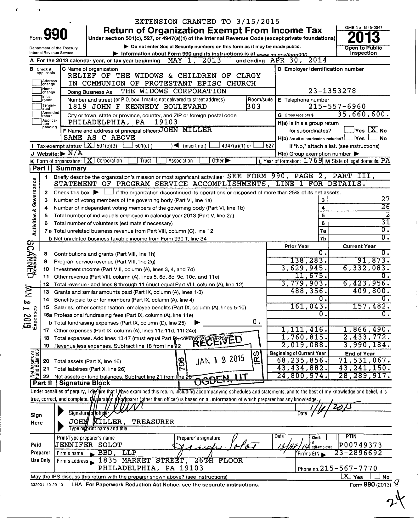 Image of first page of 2013 Form 990 for Widows Corporation
