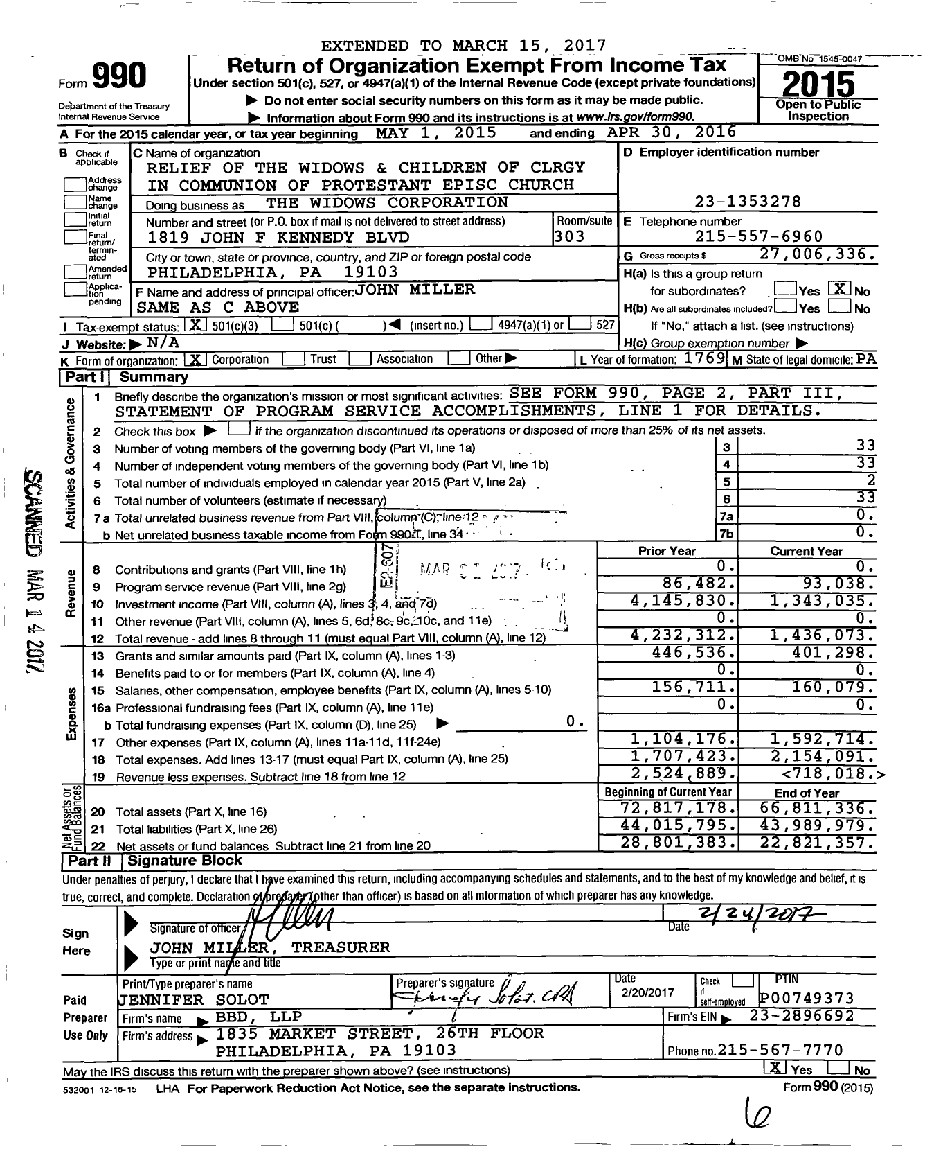Image of first page of 2015 Form 990 for Widows Corporation