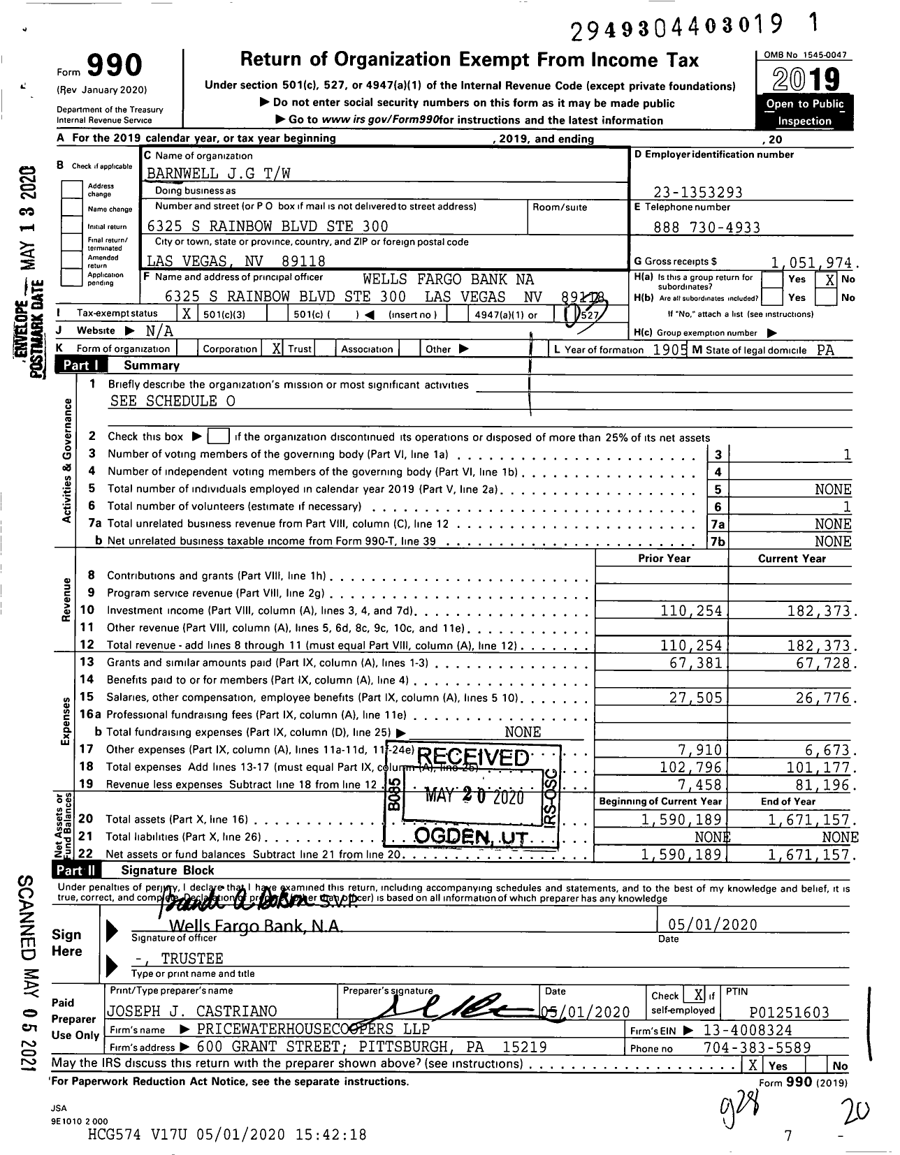 Image of first page of 2019 Form 990 for Barnwell JG TW