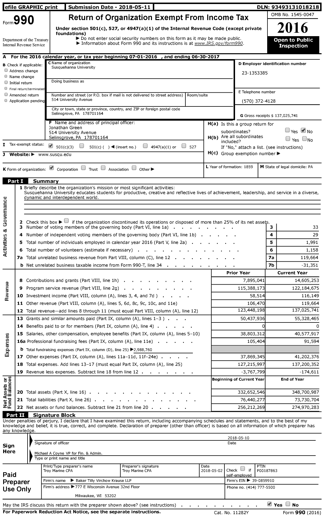 Image of first page of 2016 Form 990 for Susquehanna University