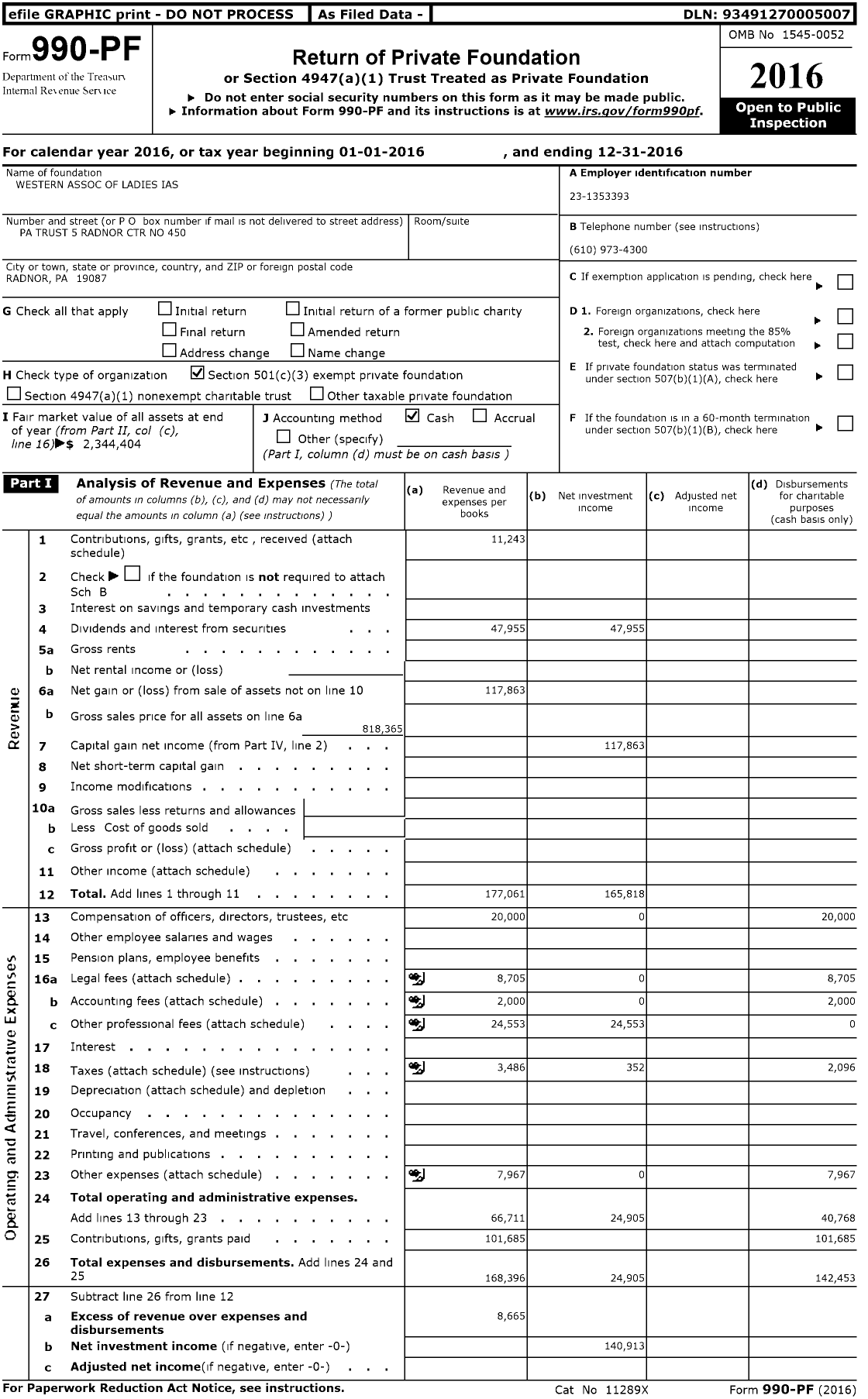 Image of first page of 2016 Form 990PF for Western Association of Ladies Ias