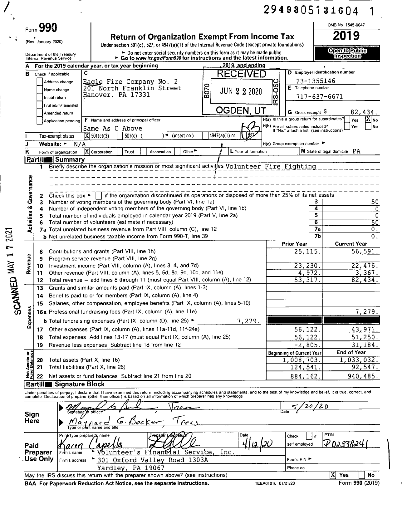 Image of first page of 2019 Form 990 for Eagle Fire Company 2