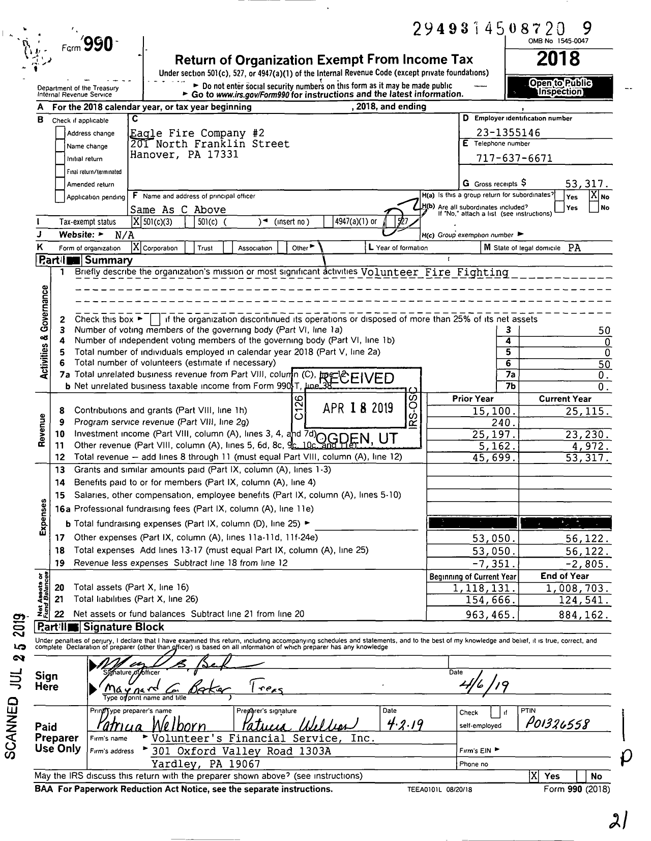 Image of first page of 2018 Form 990 for Eagle Fire Company 2