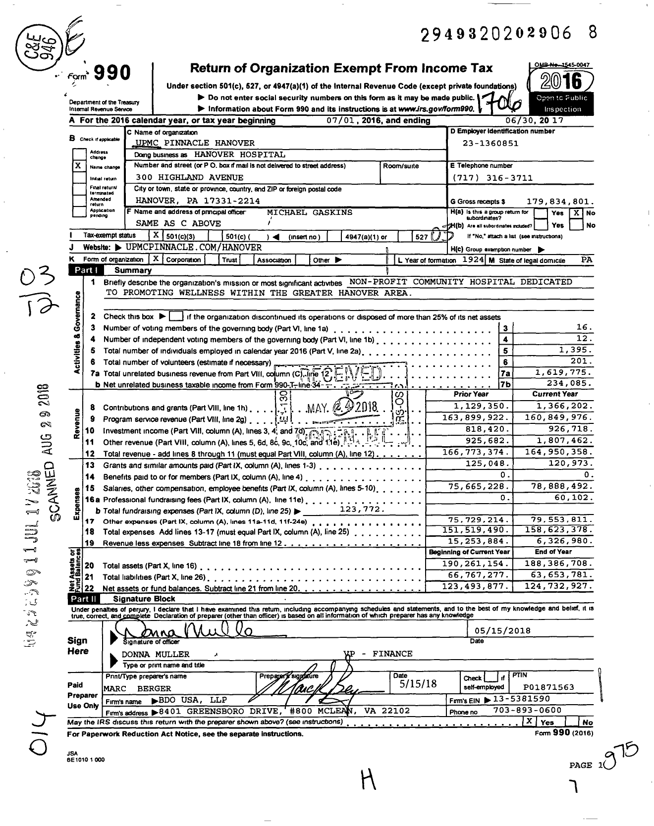 Image of first page of 2016 Form 990 for Upmc Hanover
