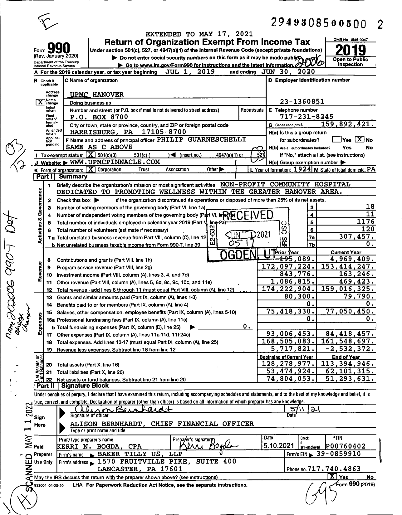 Image of first page of 2019 Form 990 for Upmc Hanover